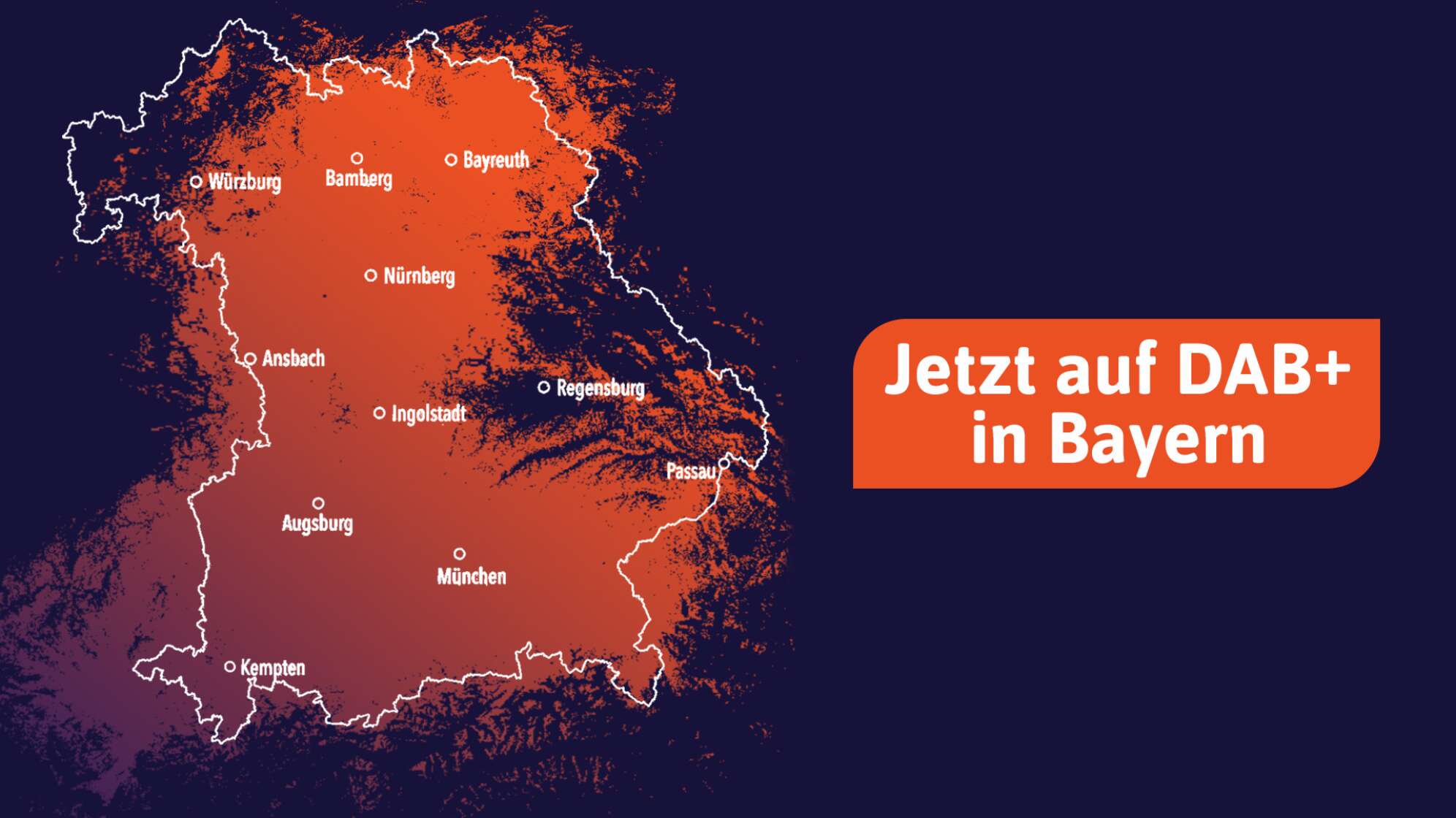 Bayern-Landkarte mit Sendegebiet für DAB+